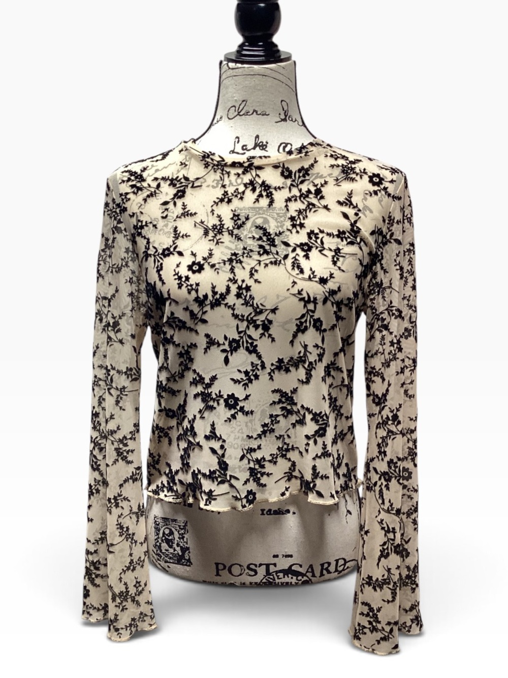 Ava Lane Beige and Black boho chic floral mesh layering top size Large